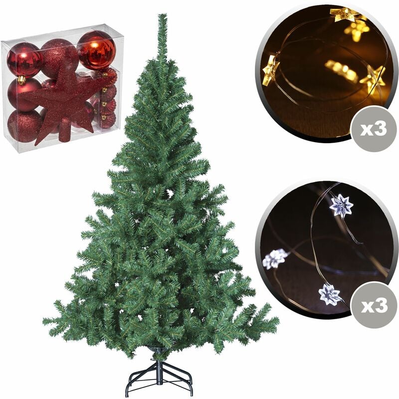 

Wellhome - Abeto verde 150 cm + Pack de 18 piezas rojas decorativas de navidad + 6 guirnaldas de cobre de 20 LED para interiores