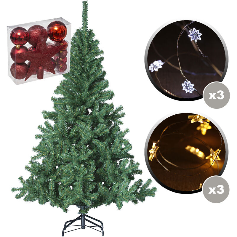 

Abeto verde 210 cm + Pack de 18 piezas rojas decorativas de navidad + 6 guirnaldas de cobre de 20 LED para interiores