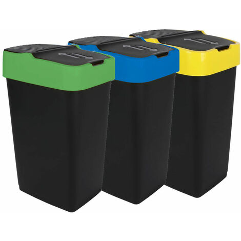 Abfalleimer mit Schwingdeckel - 3er Set / 35 Liter - Abfall Sammler Behälter Mülleimer grün gelb blau