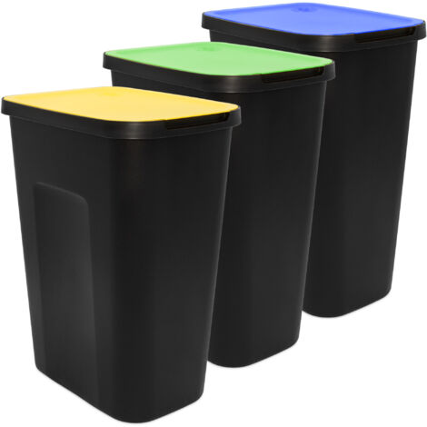 Abfalleimer schwarz mit farbigem Klappdeckel 3er Set - 35 L - Mülltrennsystem für Kunststoff Biomüll Altpapier