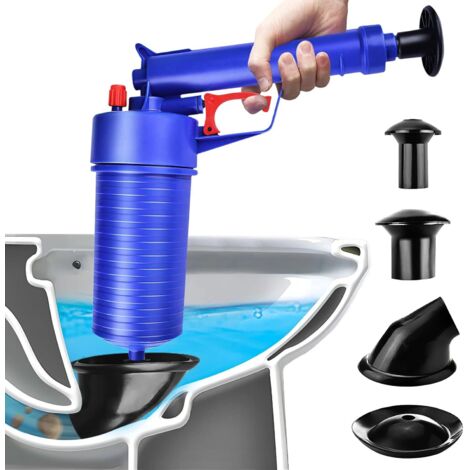 Abflussreiniger für WC mit Druckluftpumpe, inklusive 4 Aufsätze und Überdruckventil zum Reinigen von Waschbecken, Toiletten, Badezimmern, Duschen und Küchenwaschbecken (Blau)