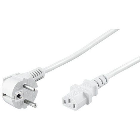 Abgewinkeltes Kaltgeräte-Anschlusskabel, 3 m, Weiß, (31 mm²), Schutzkontaktstecker Hybrid (Typ E/F, CEE 7/7) 90°  Gerätebuchse C13 (Kaltgeräteanschluss). Kabellänge 3 m