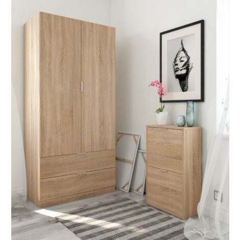 Abitare – Armoire 2 portes en chêne canadien 81x52x180 cm – 2 tiroirs et tringle à vêtements – Rangement optimisé pour chambre - 52x180h