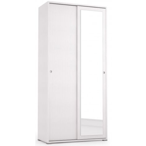 Abitare – Armoire 90x195h blanc frêne avec 2 portes coulissantes et miroir – Panneau mélaminé E1 thermostructuré – Optimise l'espace