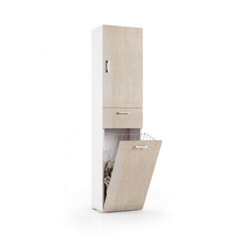 Abitare – Armoire à linge 45x32x195 cm blanc et chêne clair – Avec porte, tiroir et panier à linge – 2 étagères réglables