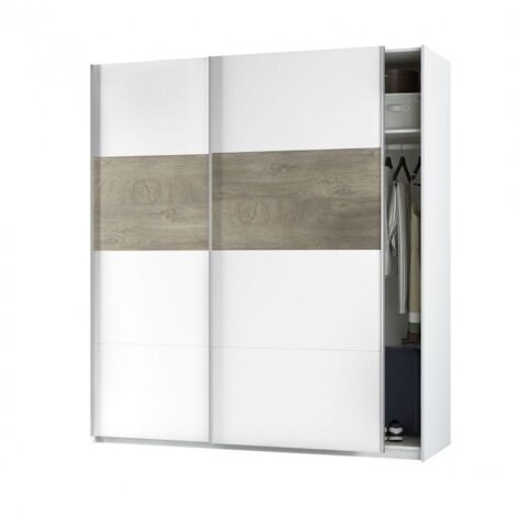 Abitare – Armoire penderie 180x60x200 cm avec 2 portes coulissantes blanc mat et chêne – Panneaux de mélamine – Glissières métalliques avec frein - 180x60x200h