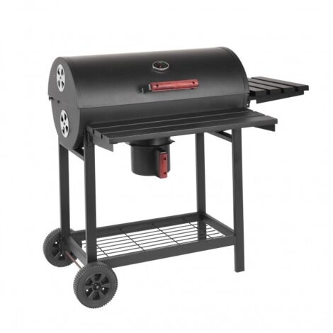 Abitare – Barbecue charbon en acier peint noir 113x70x97,5 cm – Couvercle avec thermomètre – 2 grilles et étagère latérale – Roues pour déplacement facile