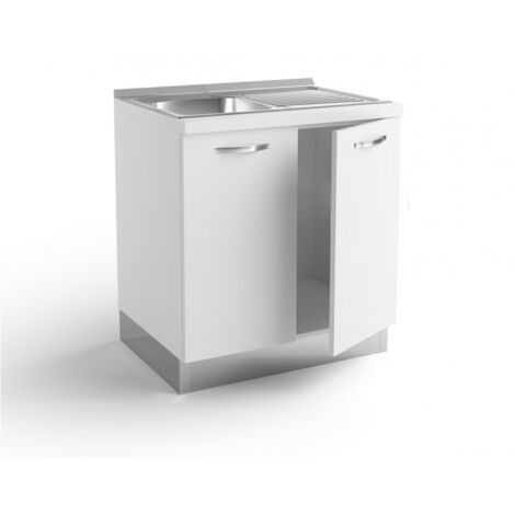 Abitare – Base d'évier de cuisine 80x60x84 cm en bois blanc mat – Évier en acier inoxydable avec bassin et égouttoir – 2 portes chromées