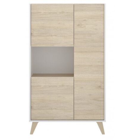Abitare – Buffet 135 cm blanc mat et chêne naturel – 3 portes et tiroir – Panneaux de particules stratifiés – Pour salon ou salle à manger