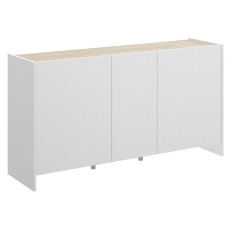 Abitare – Buffet 138 cm blanc mat et chêne naturel – 3 portes – Structure en panneaux de particules laminés – Pour rangement élégant