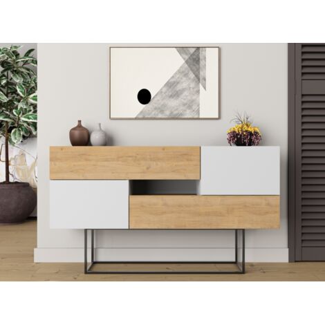 Abitare – Buffet 145x40 h cm chêne clair et blanc mat – 2 portes et 2 tiroirs – Panneaux mélaminés – Design moderne pour rangement élégant