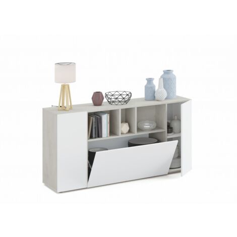 Abitare – Buffet 150x41x76 cm blanc mat effet béton – 3 portes – Structure en panneaux mélaminés pour robustesse – Rangement élégant