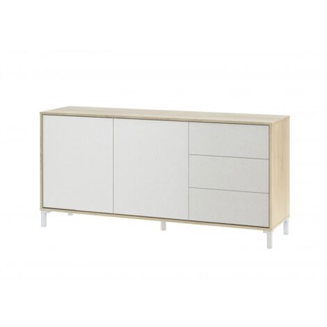 Abitare – Buffet 154x41x74 cm blanc mat et chêne canadien – 2 portes push et 3 tiroirs – Panneau mélaminé – Rangement élégant