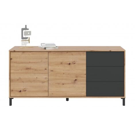 Abitare – Buffet 154x41x74 cm chêne nordique et gris anthracite – 3 tiroirs et 2 portes battantes – Panneaux mélaminés et MDF