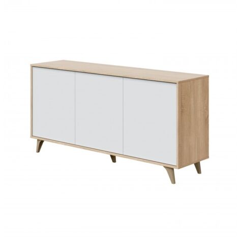 Abitare – Buffet 3 portes 150x40x75 cm blanc mat et chêne – Système d’ouverture push – Charnières en métal – Pieds en ABS beige