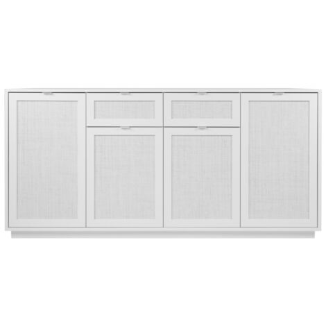 Abitare – Buffet blanc mat 180x40 cm avec 4 portes et 2 tiroirs en osier – Cadre en bois mélaminé – Pour rangement élégant et pratique