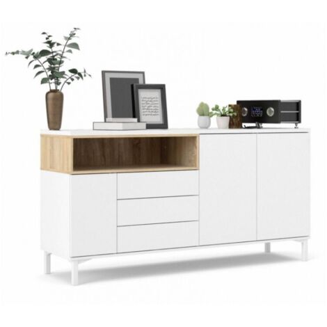 Abitare – Buffet Fidenza 175 x 89 cm blanc mat et chêne – Panneaux composites FSC – 3 tiroirs et compartiment spacieux – Pieds en métal blanc