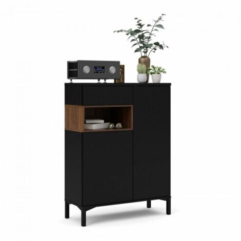 Abitare – Buffet Fidenza 89 x 119 cm noir mat et noyer – Panneaux composites – 3 étagères réglables – Poids max 10 kg