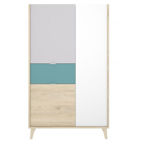 Abitare – Buffet multicolore 137 cm avec 3 portes et 1 tiroir – Panneaux de particules laminés en mélamine – Finition blanche, naturelle, grise et émeraude