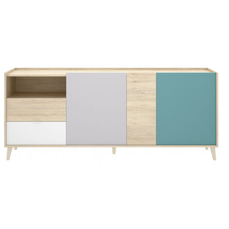 Abitare – Buffet multicolore 180x43 cm avec 3 portes et 2 tiroirs – Structure en bois mélaminé – Finition blanc mat, gris, naturel, émeraude