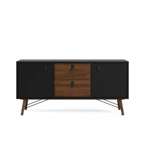 Abitare – Buffet salon noir mat et noyer 150 x 40 x 72 cm – 2 portes et 2 tiroirs – Panneaux composites en bois – Style contemporain