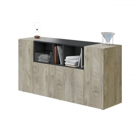 Abitare – Buffet séjour 150x41x76 cm – 3 portes à ouverture push – Compartiments chêne et gris anthracite – Style industriel raffiné