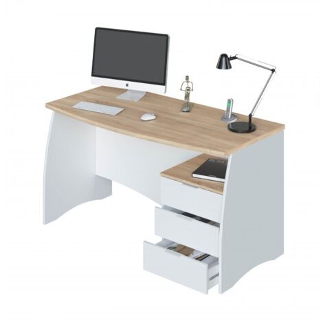Abitare – Bureau droit 136x67x74 cm avec caisson et 3 tiroirs blanc mat et chêne – Plan de travail spacieux – Structure en panneau de particules mélaminé