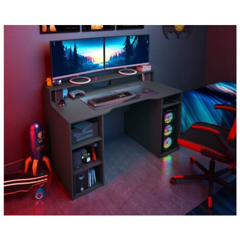 Abitare – Bureau gamer 136x67x88 cm avec 5 étagères en panneaux d'aggloméré mélaminé gris anthracite – Surface spacieuse pour ordinateurs et consoles - 136x67x88h