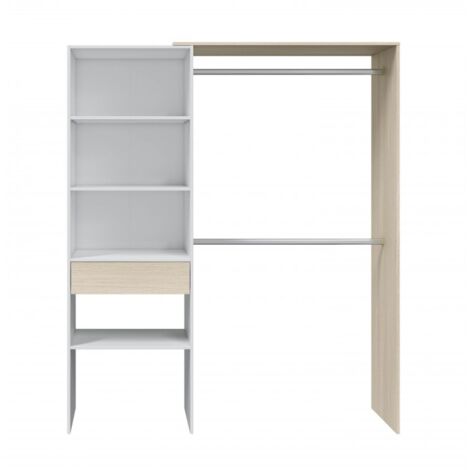 Abitare – Dressing ouvert 158x40x187 cm blanc mat et chêne – Panneau mélaminé résistant – Quatre étagères réglables – Tiroir spacieux - 158x400x187h