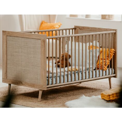 Abitare – Lit bébé 144x76 cm en panneaux de bois mélaminé – Finition chêne clair effet osier – Compact et sécurisé pour nouveau-nés