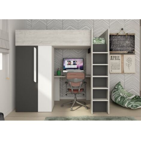 Abitare – Lit mezzanine 205x110 cm avec armoire et bureau noir graphite, blanc mat et chêne – Barrière de sécurité incluse – Installation facile