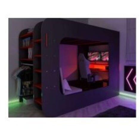 Abitare – Lit mezzanine Pro Gamer 238x127x183 cm noir graphite et rouge avec bureau – Barrière de protection – Éclairage LED télécommandé – Rangement intégré
