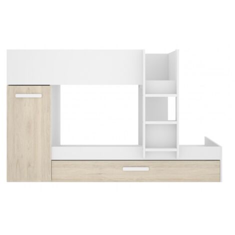 Abitare – Lit superposé 244x112 cm blanc mat et chêne naturel – Avec tiroir de rangement – Barrière de protection et échelle stable