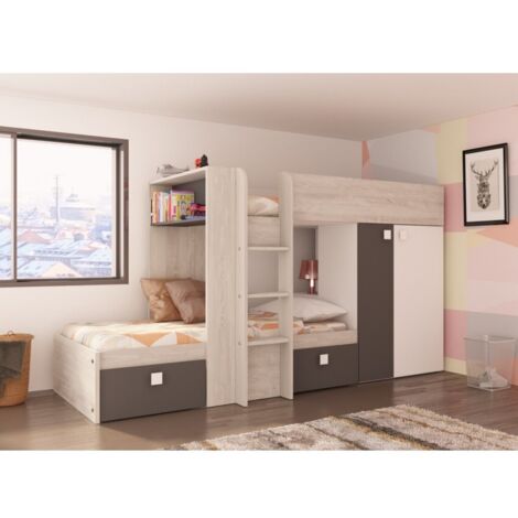 Abitare – Lit superposé 285x110.2 cm avec armoire noir graphite chêne et blanc mat – Meuble réversible avec sécurité – Pour matelas 90x190 cm