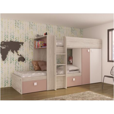 Abitare – Lit superposé 285x110.2 cm avec armoire rose antique – Structure en panneaux de particules – Meuble réversible avec échelle sécurisée