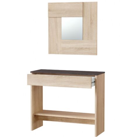 Abitare – Meuble d'entrée 92x33x79 cm en bois mélaminé effet oxyde et chêne – Tiroir avec guides coulissants et miroir carré