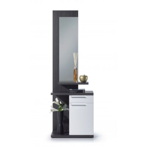 Abitare – Meuble d'entrée avec miroir 61x29x186 cm – Structure en bois mélaminé blanc brillant et gris cendré – Tiroirs pratiques pour rangement - 61x29x186h