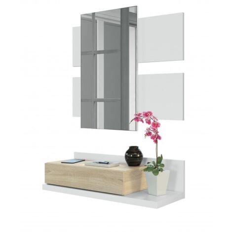 Abitare – Meuble d'entrée suspendu 75x29x20 cm blanc mat et chêne canadien – Miroir rectangulaire et tiroir pratique – Ensemble de meubles d'entrée
