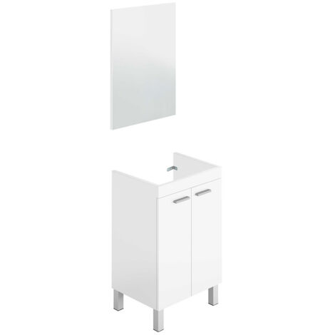 Abitare – Meuble double vasque blanc 80x50x40h cm – Panneau mélaminé 15mm – 2 portes battantes – Miroir inclus – Pieds aluminium anodisé