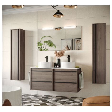 Abitare – Meuble double vasque suspendu 120 cm en panneaux stratifiés chêne éternel – Évier en porcelaine – Dimensions L 120,6 x P 45 x H 54 cm