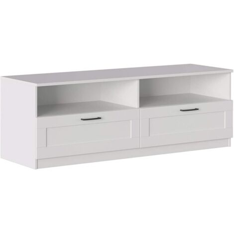 Abitare – Meuble TV 160 cm blanc mat – 2 tiroirs sur rails – 2 compartiments ouverts avec passe-câbles – Structure en panneaux de fibres composites