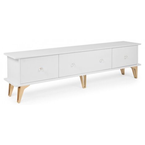 Abitare – Meuble TV blanc mat 180x35x48 cm – Structure en panneaux de bois mélaminé – 3 compartiments de rangement – Élégants boutons métal et verre