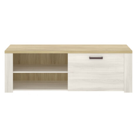 Abitare – Meuble TV chêne blanchi et clair 130x40x49 cm – 1 porte, 2 compartiments – Blocs ABS anti-bruit et anti-rayures
