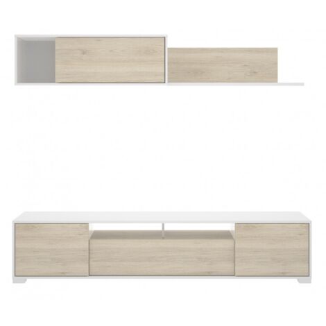 Abitare – Meuble TV mural 200 cm blanc brillant et chêne naturel – Ensemble moderne avec rangement fonctionnel – Compatible téléviseurs jusqu'à 65 pouces