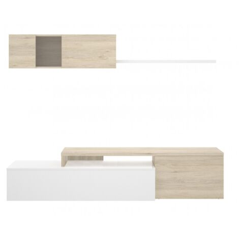 Abitare – Mur équipé porte TV 201 cm blanc brillant et chêne naturel – Meuble bas avec ouverture rabattable – Module supérieur avec rangements pratiques