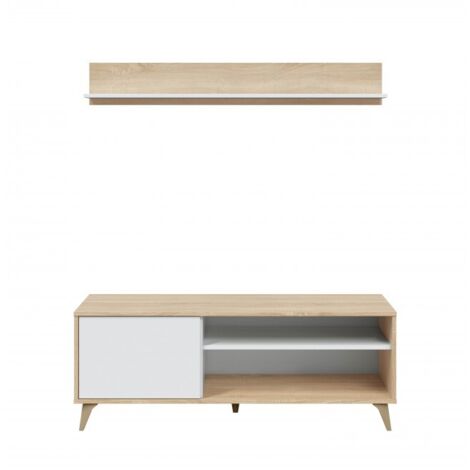 Abitare – Mur TV 135 cm blanc mat et chêne – Panneau mélaminé – Dimensions L 135 x P 40 x H 50 cm – Meuble moderne pour salon