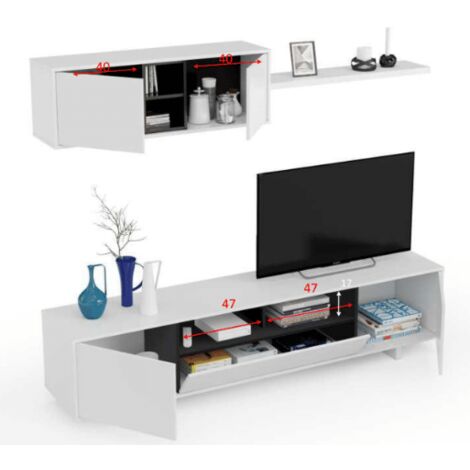 Abitare – Mur TV 200 cm blanc brillant et gris anthracite – Meuble TV moderne avec rangement – Panneaux d'aggloméré mélaminé – Dimensions 200x41x46cm