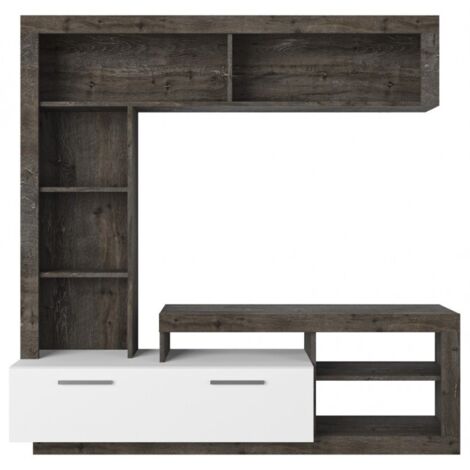 Abitare – Paroi équipée porte TV 170x41.3x170 cm – Panneaux mélaminés blanc mat et café noir – 5 étagères et 2 tiroirs chrome brillant