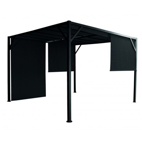 Abitare – Pavillon pergola 4 x 3 m en métal peint noir avec rideaux latéraux – Gazebo pour abri extérieur élégant – Protection contre les intempéries