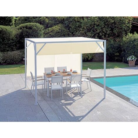 Abitare – Pergola carrée 3x3 m en métal blanc mat – Toit coulissant – Bâche écrue hydrofuge – Poteaux 60x60 mm en fer